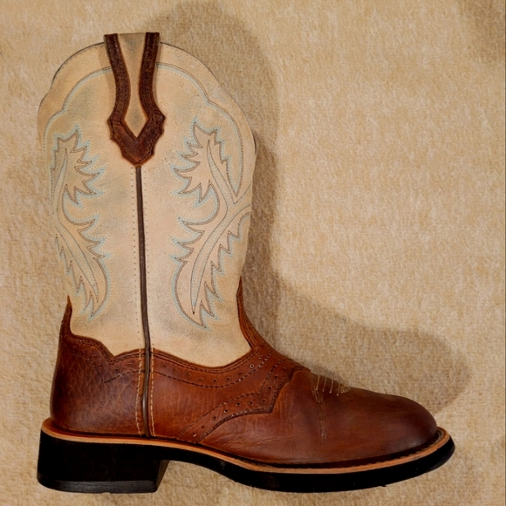 Ariat Fatbaby Boot 7 Cream Teal Stitching Brown Round Toe Heritage Nice Cond - Picture 5 of 8
